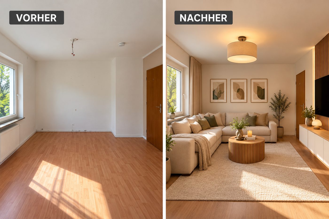 Wohnzimmer vorher: leerer Raum mit Bodenbelag. Nachher: renovierter Raum.
